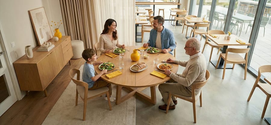 Família reunida à mesa em casa protegida pela Emive